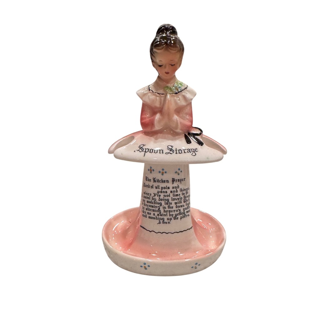 Vintage 1950's Enesco Spoon Storage Holder Prayer lady‎ Kitchen Ceramic EUC